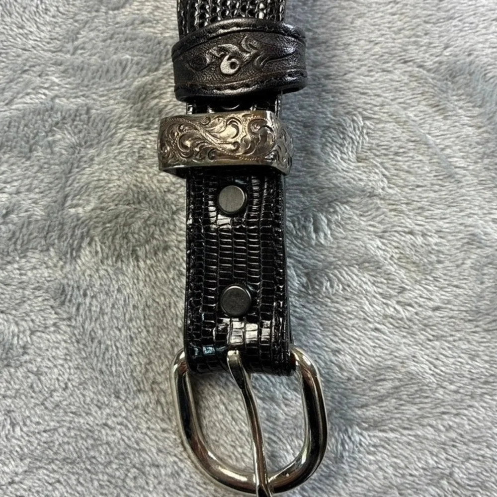 JW Cooper Mens Black Genuine Lizard‎ Skin Western Belt Silver Buckle Size 42 USA